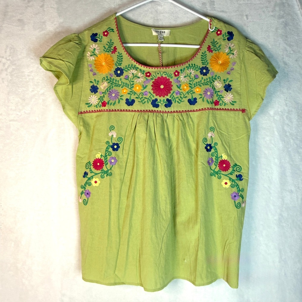 Umgee Embroidered Floral Peasant Top Women's L Green 100%‎ Cotton Boho NWT